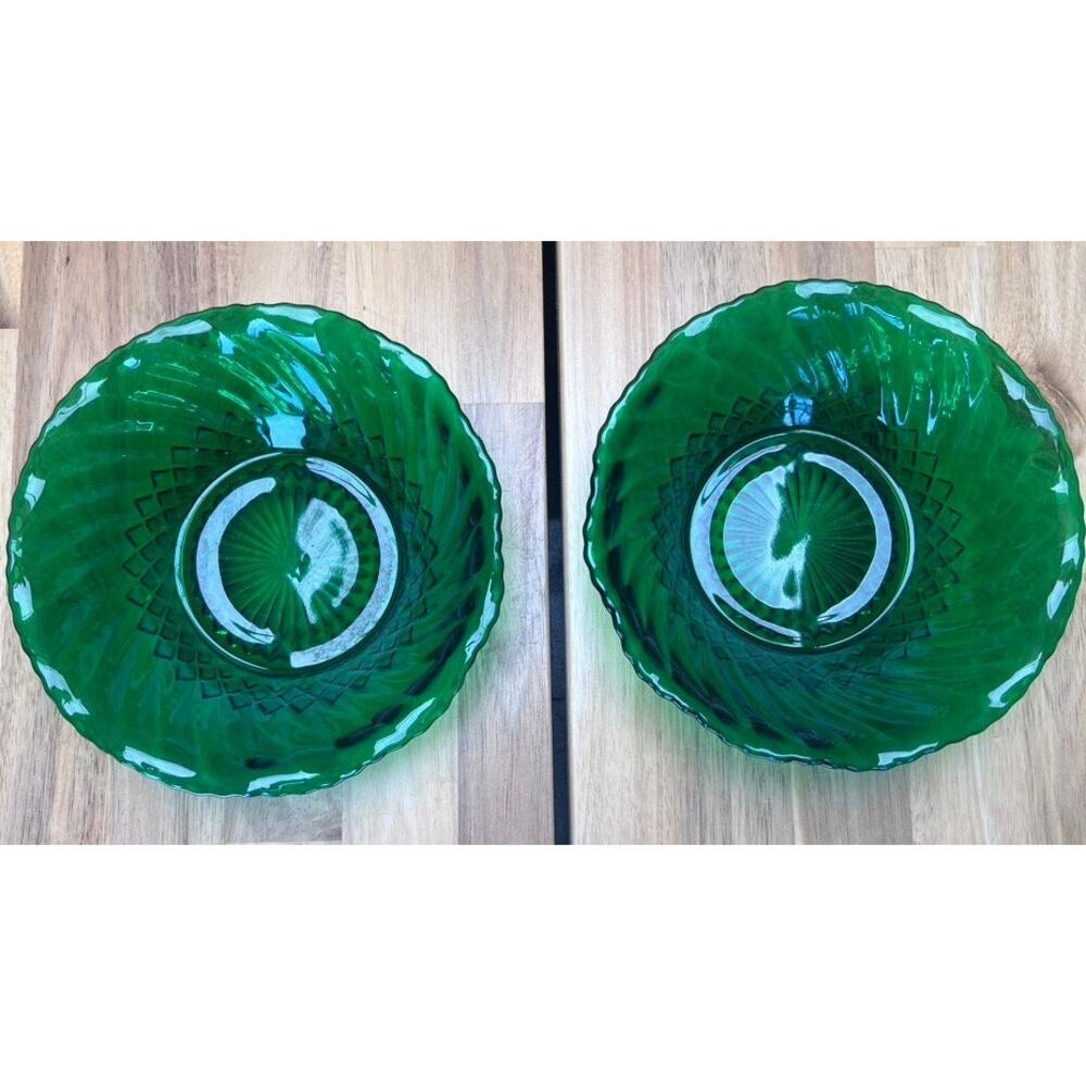 Vintage Green Glass Scalloped Bowls Set of 2 Emerald Green Pressed Glass Jewelry